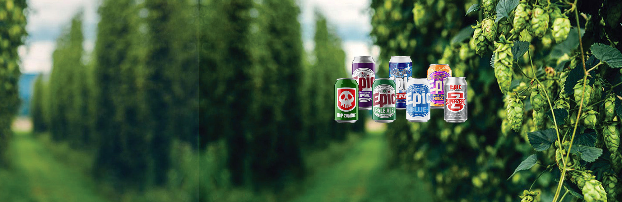 A lineup of epic core range beer cans on a backdrop of hop vines